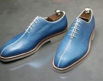 Handmade Men’s Blue Leather Shoes – Oxford Style with Crepe Sole