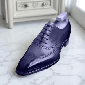 Handmade Men&#39;s Blue Calf Leather Oxford Wingtip Dress Shoes