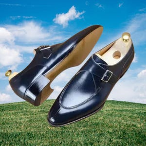 Handmade Men’s Navy Blue Monk Shoes