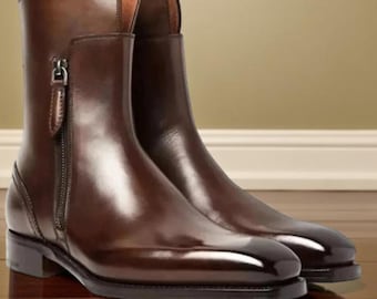 Handmade Men's Dark Brown Genuine Leather Ankle Zipper Boots