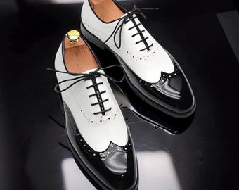 Handmade Men’s Black & White Patent Leather Oxford Shoes – Tuxedo Dress Shoes