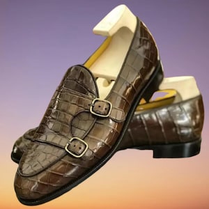 Handmade men brown crocodile shoes, men double monk dress shoe, formal shoes men