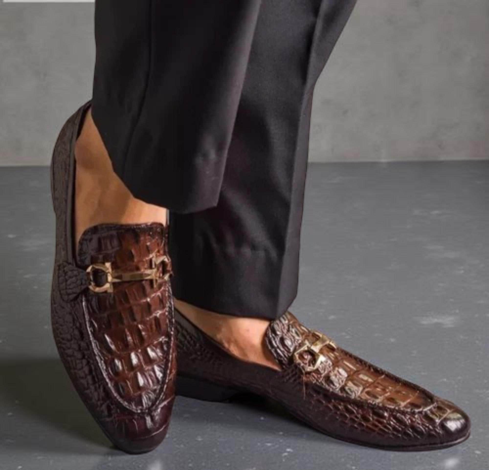 Patrick Gibbons Handmade Crocodile Mens Loafers size 8 Cream Brown Driving Shoes Monte Carlo Alligator Grain Horse Bit Driving Loafers  main image 2