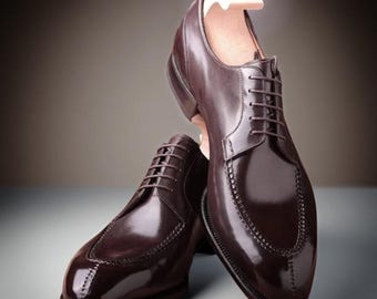 Handmade Men’s Dark Brown Split Toe Blucher  Leather Dress Shoes