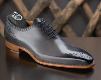 Handmade Men’s Real Gray Leather Oxford Brogue Dress Shoes – Casual or Office Wear