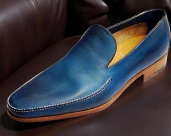 Handmade Men’s Blue Leather Moccasin Loafers – Casual & Formal Slip-On Shoe