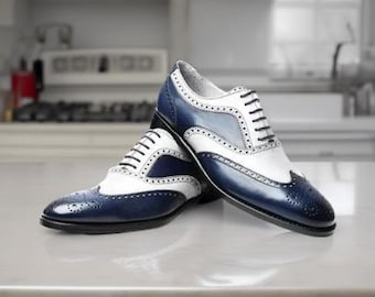 navy blue and white mens dress shoes Handmade Men's Navy White Leather Wingtip Brogue Dress Shoes -Formal & Stylish