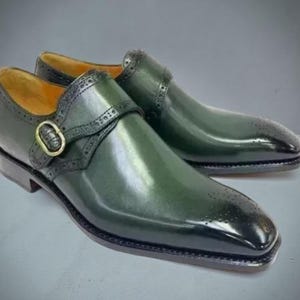 Handmade Men&#39;s Green Leather Single Monk Strap Dress Shoes – Formal Office Wear