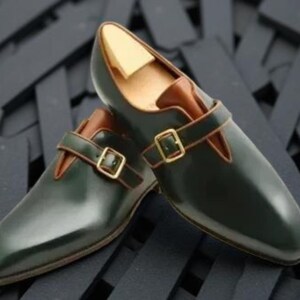 Handmade Men&#39;s Green Leather Single Monk Strap Shoes – Formal & Premium