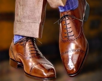 Handmade Men’s Brown Leather Oxford Brogue Dress Shoes – Lace Up, Toe Cap