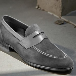 Handmade Men’s Grey Suede Penny Loafer – Classic & Comfortable