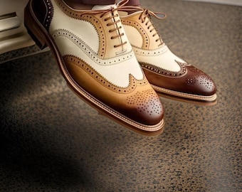 Handmade Leather Brown & Beige Brogue Oxford Shoes for Men – Wingtip Dress Lace-Up Style