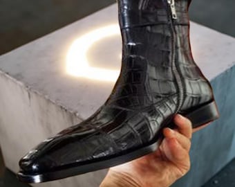 Handmade Men's Black Leather Boots – Crocodile Pattern Formal Dress Shoes
