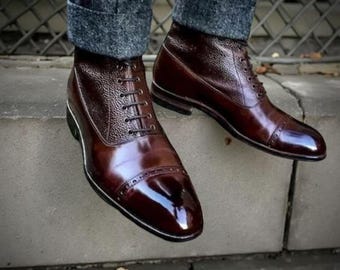 Handmade Dark Brown Split Toe Blucher high Leather Formal Dress Shoes