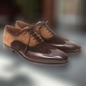 Handmade Men&#39;s Mezlan Style Brown & Cognac Suede Wingtip Oxford Shoes