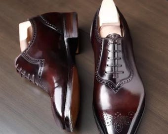 Handmade Men's Genuine Leather Brown Formal Oxford Brogue Lace Up Shoes