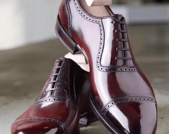 Handmade Men’s Burgundy Leather Oxford Toe-Cap Shoes – Dress & Casual