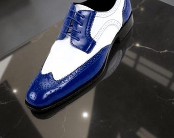 Handmade Men's Blue & White Leather Brogue Oxford Dress Shoes