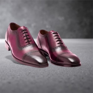 Handmade Men’s Leather Oxford Shoes – Burgundy Lace-Up Dress Shoes