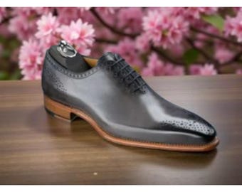 Ręcznie robione buty oksfordki brogsy szara skóra sznurowane U
