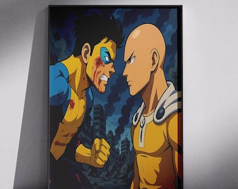 One Punch Man vs Invincible Poster – Saitama vs Mark Grayson Anime Comic Wall Art Print