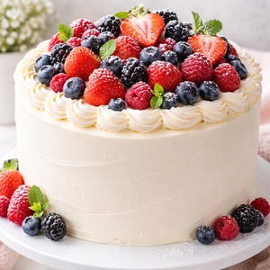 Puede incluir: Un pastel redondo, glaseado en blanco, adornado con frutos rojos frescos: fresas, arándanos, frambuesas y moras. El pastel está decorado con crema batida y hojas de menta, presentado sobre un soporte blanco. Un postre delicioso.