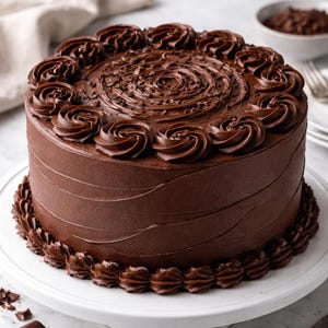以下が含まれることがあります： チョコレートフロスティングを施した丸いチョコレートケーキ。ケーキは、上部と下部の端に絞り出しフロスティングの渦巻き模様、上部にスパイラルデザインで飾られています。白いケーキスタンドの上にあります。