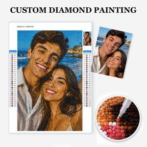 May include: A custom diamond painting kit featuring a portrait of two people smiling at the beach. The set includes a canvas with a color list, a reference photo, and a circular inset showing a stylus applying small round beads to the canvas.