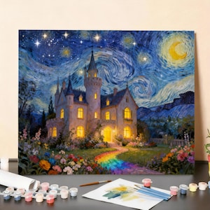 May include: A paint-by-numbers kit featuring a castle under a starry night sky. The artwork depicts a castle with illuminated windows, a rainbow path, and a crescent moon. The kit includes paint pots, brushes, and a canvas.