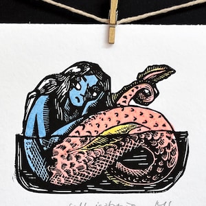 Linograbado de sirena en autoaislamiento