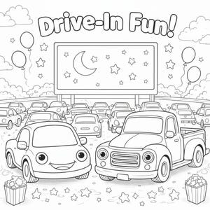 May include: Black and white illustration of a drive-in cinema scene. The text "Drive-In Fun!" is at the top. Cars are parked in front of a movie screen with a moon and stars. Popcorn and balloons are also featured.