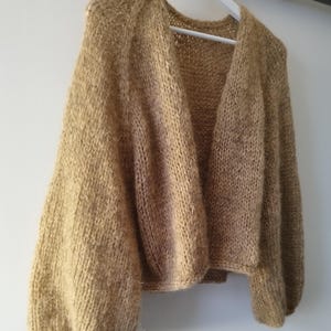 Cárdigan de mohair marrón caramelo, tejido a mano para mujer, de lana merino y mohair, de punto grueso, suave y acogedor, cálido y deportivo.