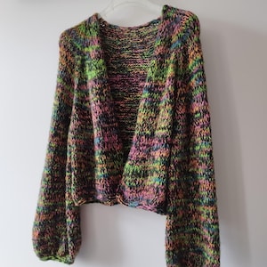 Cárdigan de mohair de colores locos, cárdigan tejido a mano para mujer, cárdigan de mohair de lana merino, cárdigan de mohair de punto grueso, suave y acogedor, suéter