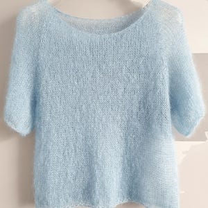 Jeans Blue Airy Mohair Blouse, Silky Tee Sweater,HandKnit Pullower, Handknit T-Shirt, Pastel Sweater,knitted Mohair Sweater,Soft & Cozy,Silk