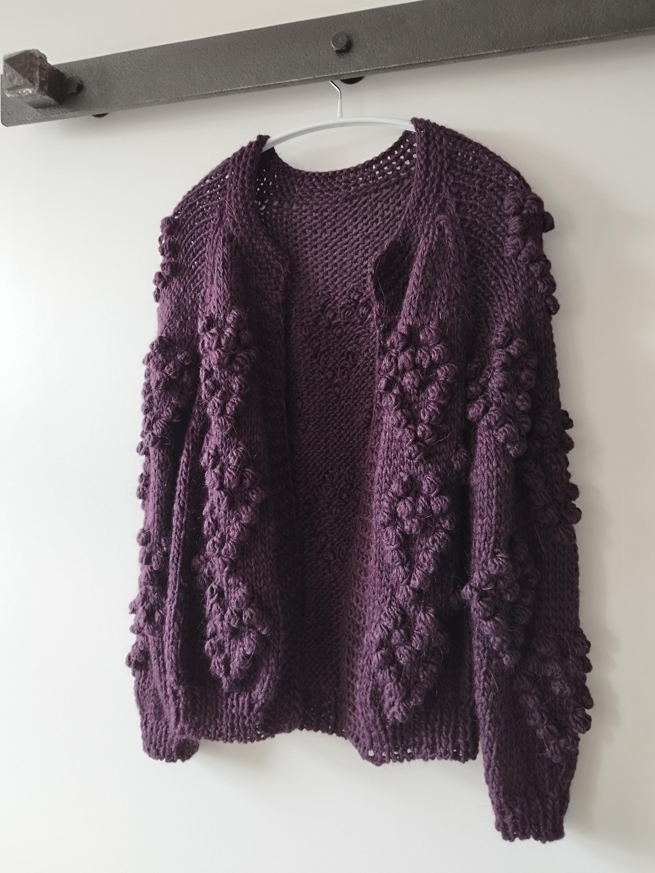 Handknit Alpaca Merino Wool Cardigan: Burgundy Bubble Heart Design