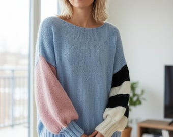 Handknit Alpaca Wool Sweater: Women's Color Blocks Pullover