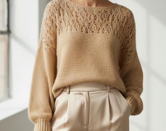 Handgestrickte Gold Seidenmohair Bluse: Leichter, Flauschiger Pullover