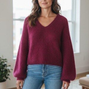 Handknit Mohair Silk Pulover:  Dark Pink Raspberry Sweater, V neck
