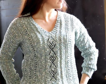 Handknit Linen Cotton Sweater: Pale Green V-Neck Lace Pullover