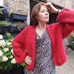 Handknit Red Mohair Alpaca Cardigan: Fluffy Oversized Knitwear