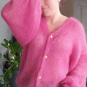 Bright Pink Mohair Cardigan, Women HandKnit Cardigan, Mohair Silk Cardigan, Soft and Silky, Lightweight Knitted Mohair Cardigan, Soft & Cozy