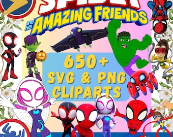 Spidey och vänner SVG PNG-paket och alfabet, tecknad Spidey SVG, Cricut Silhouette Kids Clipart-filer
