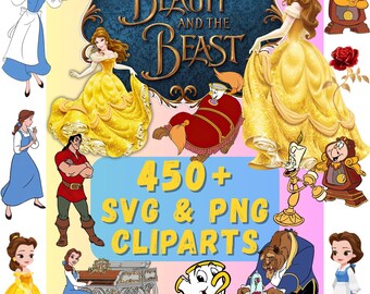 Skönheten och odjuret SVG PNG-paket och alfabet, tecknad Belle SVG, Cricut Silhouette Kids Clipart-filer