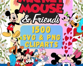 Musse Pigg och vänner SVG PNG-paket och alfabet, tecknad Musse Pigg SVG, Cricut Silhouette Kids Clipart-filer, direktnedladdning