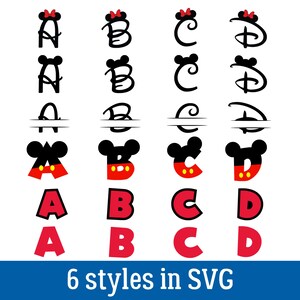 Puede incluir: Una colecci&oacute;n de letras del alfabeto y un logotipo estilizado, cada uno con un tema de Mickey Mouse. Las letras est&aacute;n en varios estilos, incluyendo aquellos con un lazo, dise&ntilde;os divididos y dise&ntilde;os coloridos inspirados en Mickey Mouse. El texto "6 styles in SVG" est&aacute; en la parte inferior.