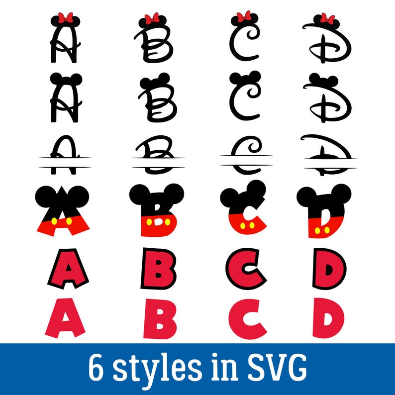 Puede incluir: Una colecci&oacute;n de letras del alfabeto y un logotipo estilizado, cada uno con un tema de Mickey Mouse. Las letras est&aacute;n en varios estilos, incluyendo aquellos con un lazo, dise&ntilde;os divididos y dise&ntilde;os coloridos inspirados en Mickey Mouse. El texto "6 styles in SVG" est&aacute; en la parte inferior.