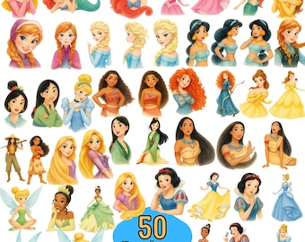50 Designs Watercolor Princess SVG plus PNG Clipart Bundle for Cricut Silhouette and others, Instant Download