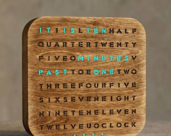 Ordklocka på engelska, LED-träklocka för skrivbord med ljusstyrkekontroll och färgjustering