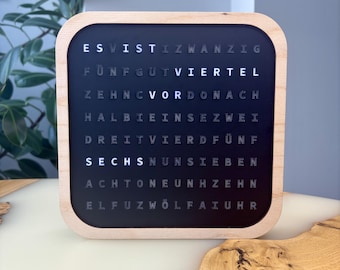 Ordklocka tysk, LED-ordklocka i trä för skrivbord, LED-textdisplay, elektronisk träklocka för hem och kontor