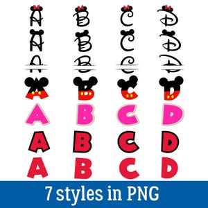 Puede incluir: Una colecci&oacute;n de dise&ntilde;os de letras en varios estilos, incluyendo letras negras con orejas de rat&oacute;n y lazos rojos, y letras coloridas en rosa y rojo. La imagen incluye el texto "7 styles in PNG".